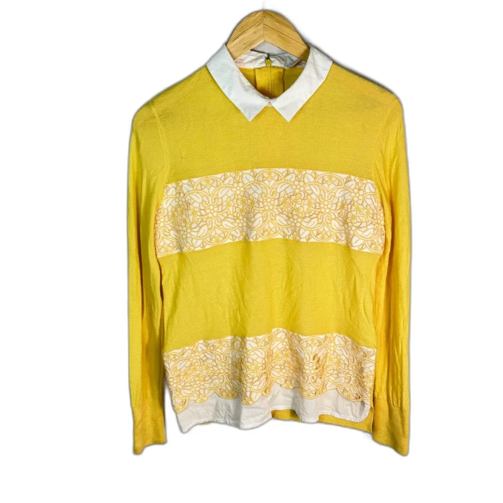 Tory Burch Womens Yellow Merino Wool Embroidered White Collared LS Sweater Sz M